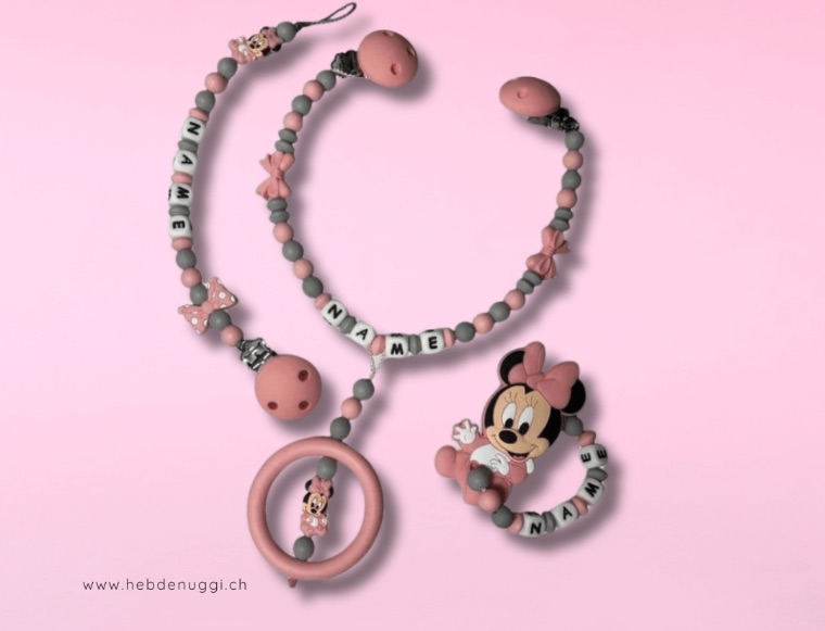3er Set mit Nuggikette, Beissring und Wagenkette, Motiv Maus mit Schleife
