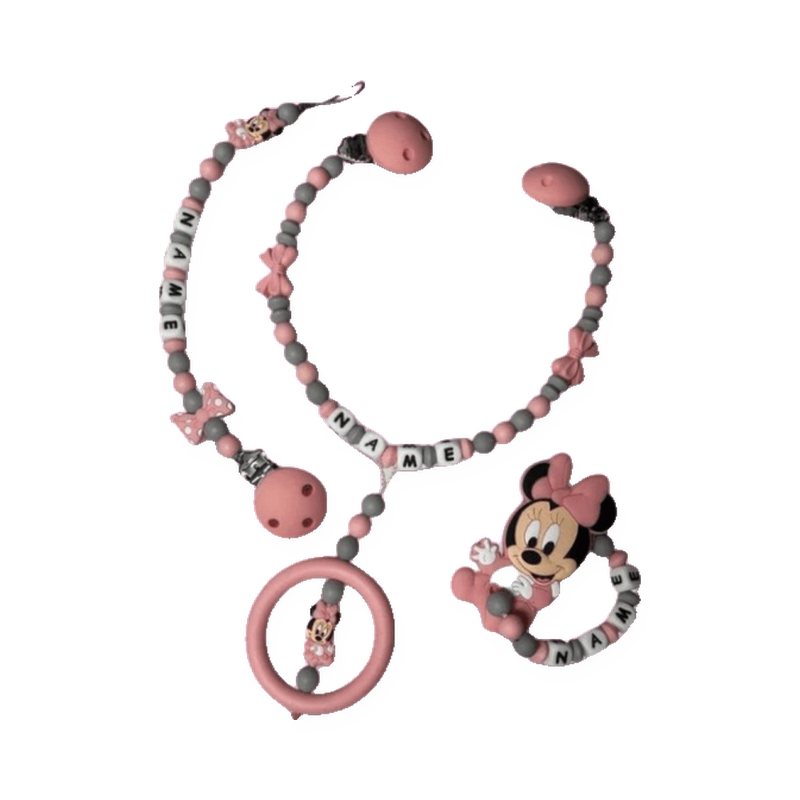 3er Set mit Nuggikette, Beissring und Wagenkette, Motiv Maus mit Schleife