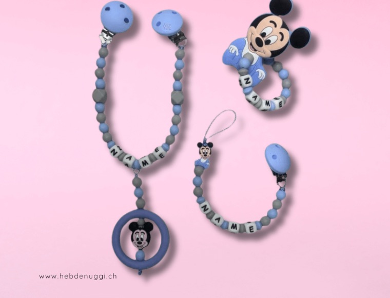 3er Set mit Nuggikette, Beissring und Wagenkette, Motiv Maus